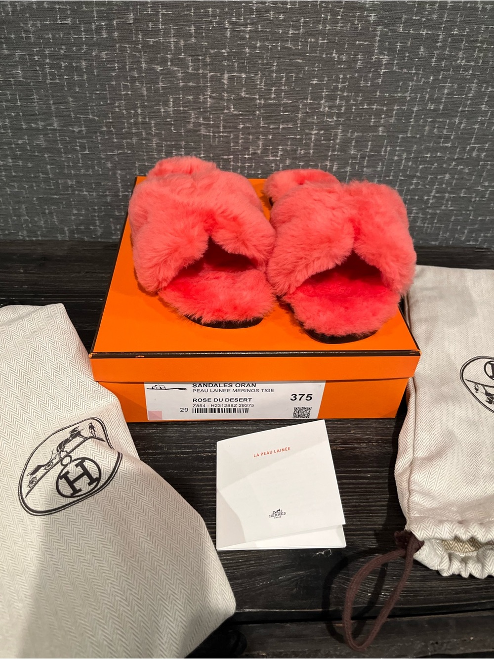 NIB Hermes Rose du Desert Oran Shearling Sandals 37.5